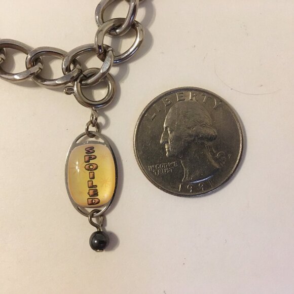 6 Charms Bracelet Silvertone Metal Link Chain Spoiled Bear Cat Moon I Luv U Bead - Picture 2 of 8